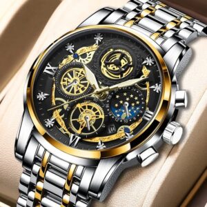 Avaner Men's Wrist Watch, Steampunk Retro Watch, Stainless Steel Skeleton Quartz Watch with Luminous Hands