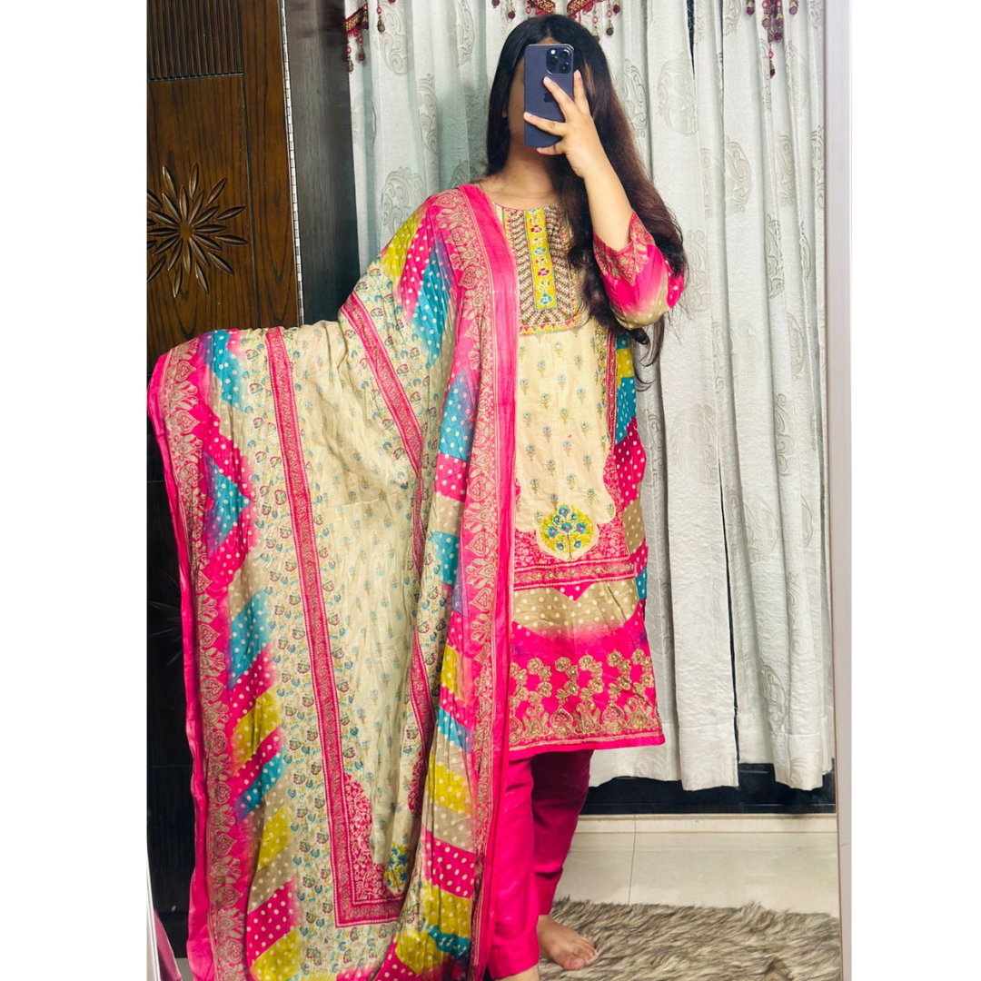 খাঁটি মাইশোরী মেইল প্রিন্ট আনস্টিচ কটন থ্রি পিস