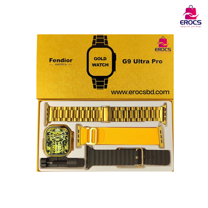 SmartWatch price in bd, G9 Ultra Pro Gold Smart Watch with 3 Straps Men Ultra Series 9 NFC Bluetooth Call Watch