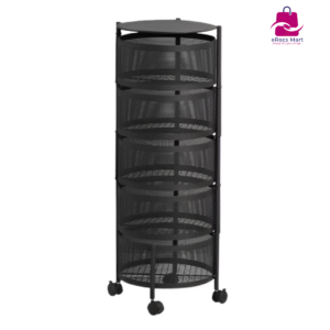 5-Layer Round Kitchen Rack – Stainless Steel Storage Shelf with Wheels & 360° Rotation