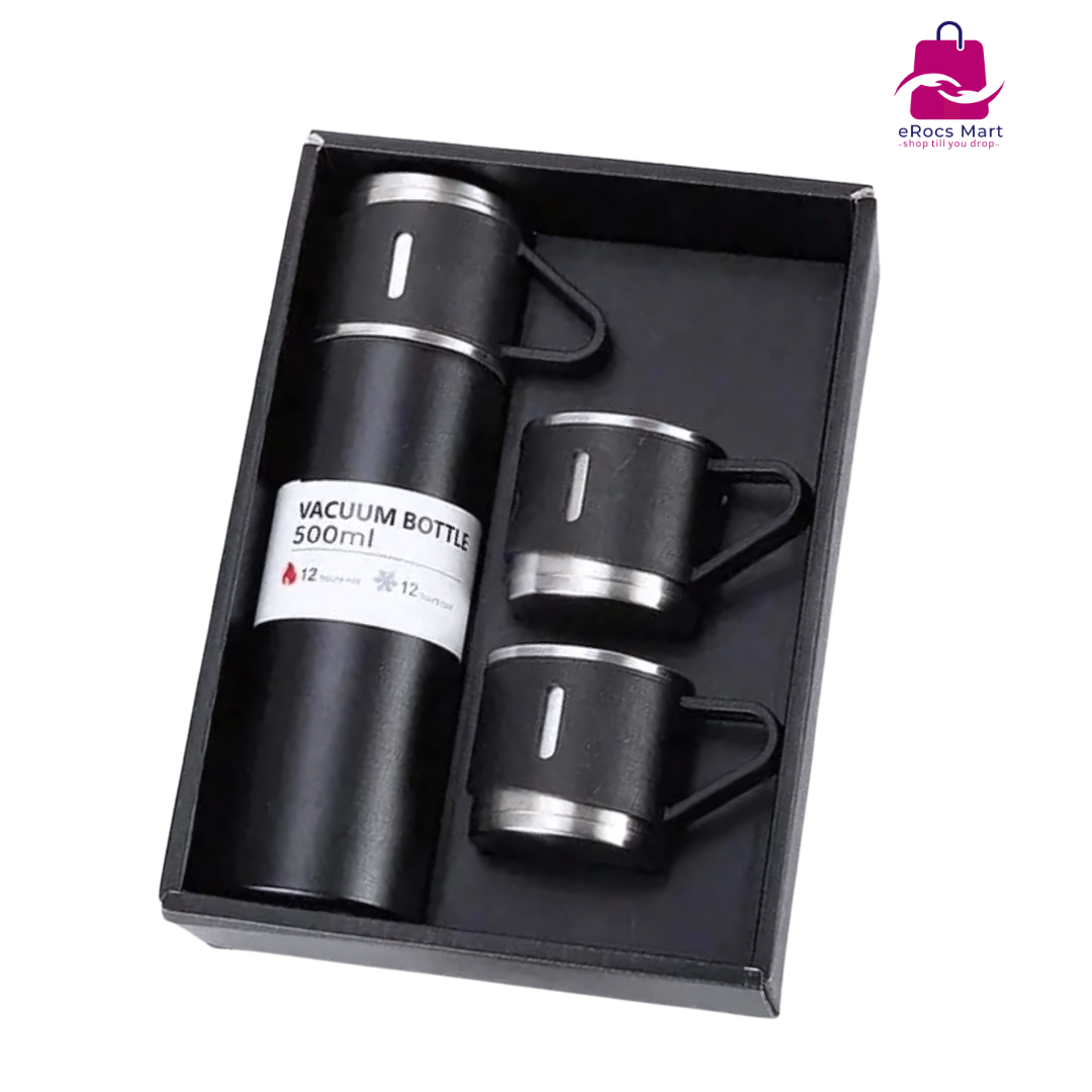 Steel Vacuum Flask Set with 3 Cups – 500ml Double-Layer Stainless Steel Thermos