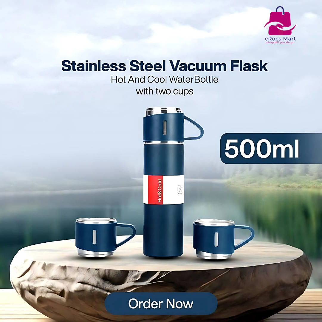 Steel Vacuum Flask Set with 3 Cups – 500ml Double-Layer Stainless Steel Thermos